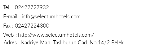 Selectum Luxury Resort telefon numaralar, faks, e-mail, posta adresi ve iletiim bilgileri